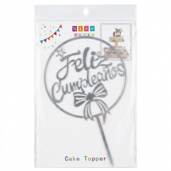 Producto - Cake topper feliz cumple con circulo moño plateado