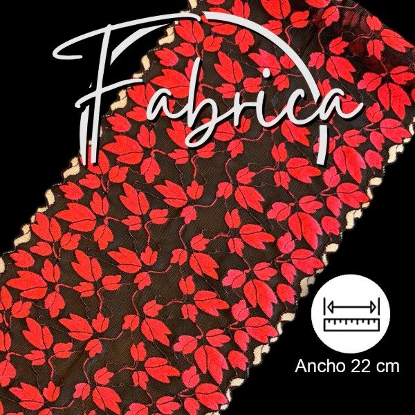 Producto - PS174 Puntilla flores negra y roja. Medida: 22cm (por metro)
