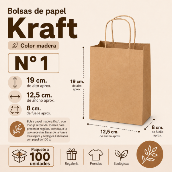 Producto - BOLSA KRAFT N 1 CON MANIJA 12,5 x 8 x 19 CM X 100 uds