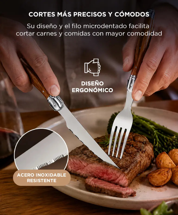 Producto - Juego de cubiertos 12 piezas -p/asado -filo microdentado -ABS símil madera + ace - 2