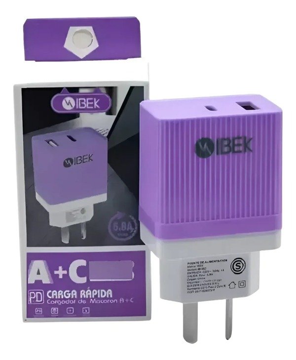 Producto - Cabezal Cargador Puerto USB + Tipo c 5.8A Ibek IB 582 Lila - 1
