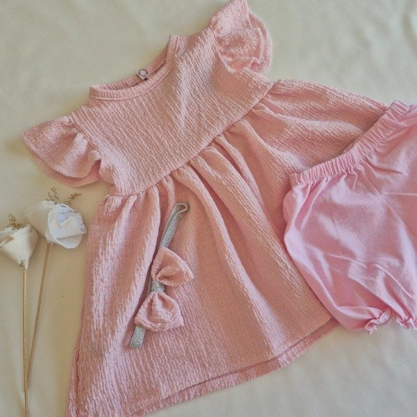 Producto - Vestido crepé con bombachón y vincha rosa