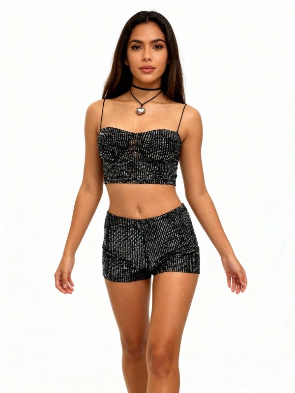 Producto - Top con tasa y tira cordon elastico para atar lentejuela