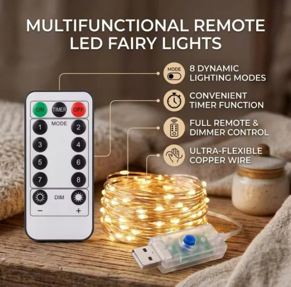 Producto - Guirnalda 100 Luces Alambre Luz Cálida 10mts Usb Con Contro - 1