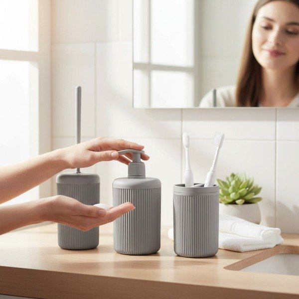 Producto - SET DE BAÑO DE 3 PIEZAS CON ESCOBILLA PLASTICO RAYADO VOCE - 2