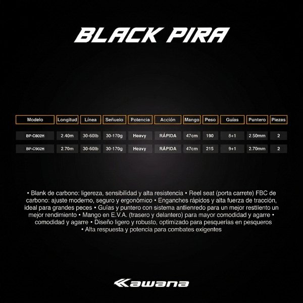 Producto - Caña Bait Kawana Black Pira 2.40 y 2.70m 2 Tramos  30-60lbs Carbono IM8 Trolling - 4