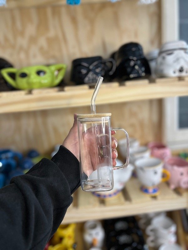Producto - Vaso de vidrio con asa tapa bambú
