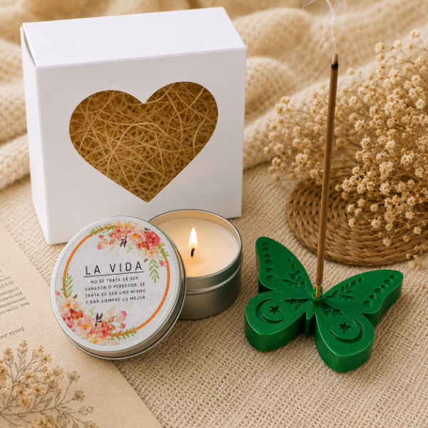 Producto - Box Mariposa con Porta Sahumerio y Vela Aromática Vida