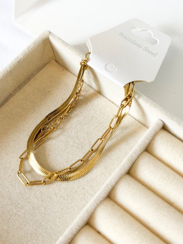 Producto - Pulsera doble. Plana + eslabón- acero dorado
