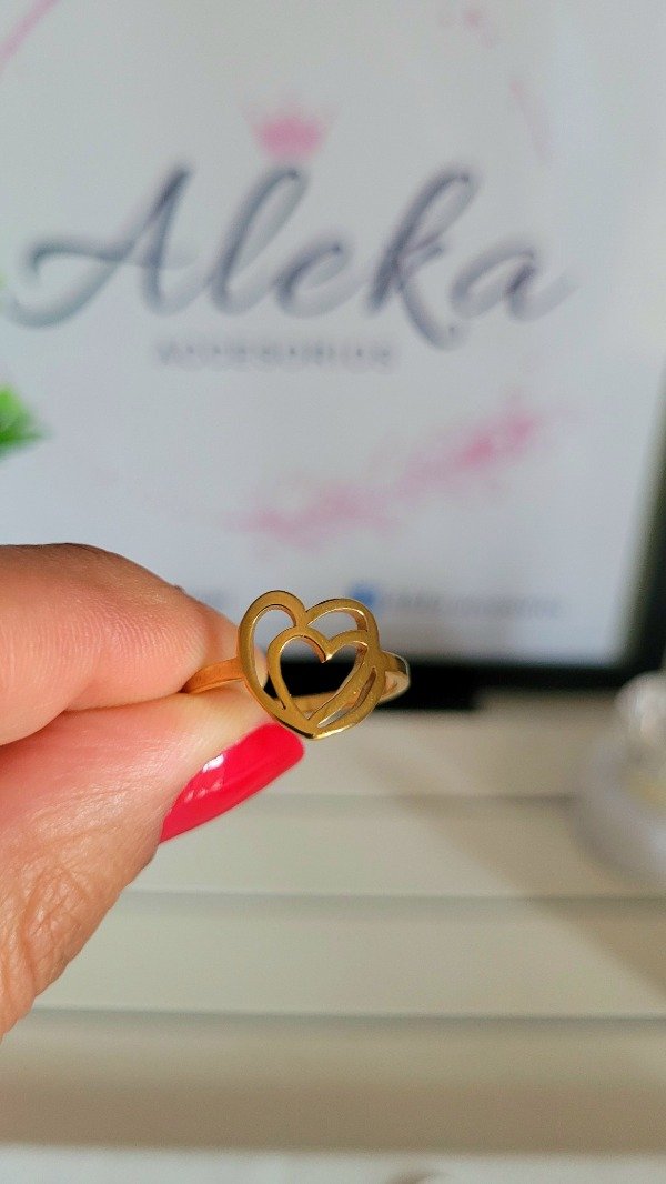 Producto - Anillo doble corazón (talle 18-19)de acero dorado - 1