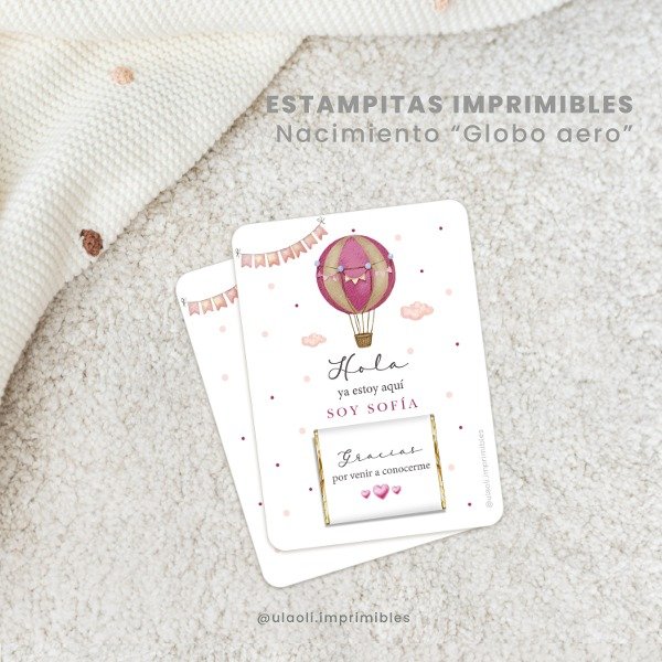 Producto - Estampitas Imprimibles Nacimiento Niña "Globo Aero"