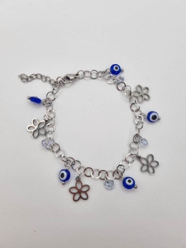 Producto - Pulsera acero quirurgico dijes ojo turco/forma plat/cristal