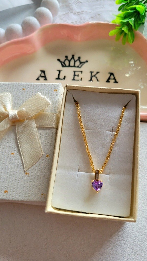 Producto - Collar corazón cubic lila con strass de acero dorado