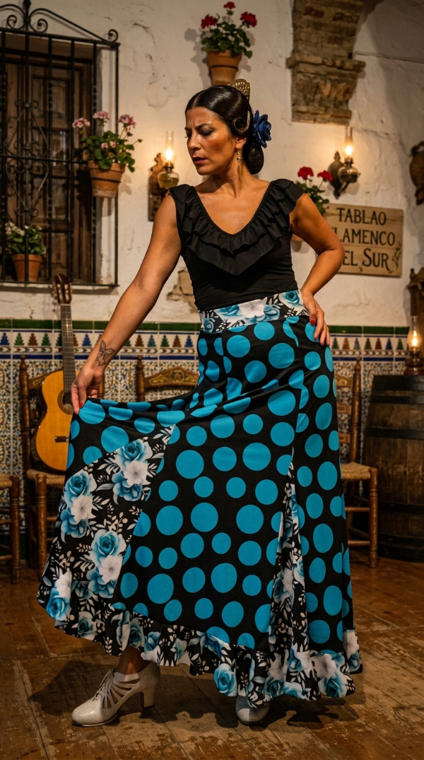 Producto - Falda Flores y Lunares Turquesa Talle M