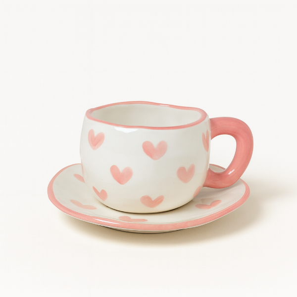 Producto - Taza de Cerámica con Plato Diseño Corazones Rosa