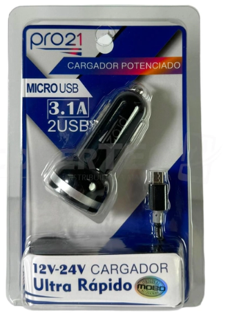 Producto - CARGADOR AUTO PRO 21 CON CABLE 12-24V 3.1A 2 SALIDAS USB A