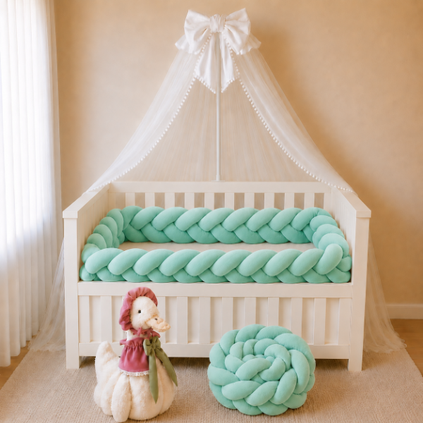 Producto - Chichonera Trenzada para Cuna y Cama 3 Cabos Plush (Verde Agua)