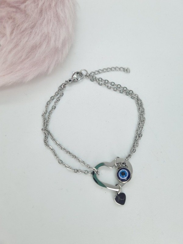 Producto - Pulsera acero quirurgico doble corazón calado con ojo turco