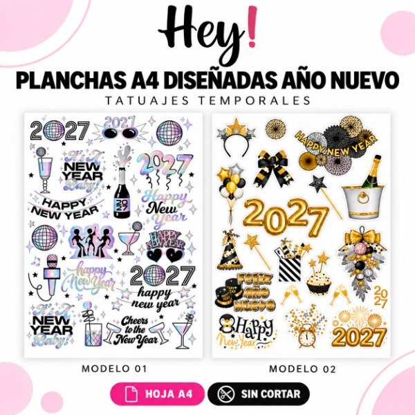 Producto - PLANCHA A4 PREDISEÑADA DE AÑO NUEVO - TATUAJES TEMPORALES - 0