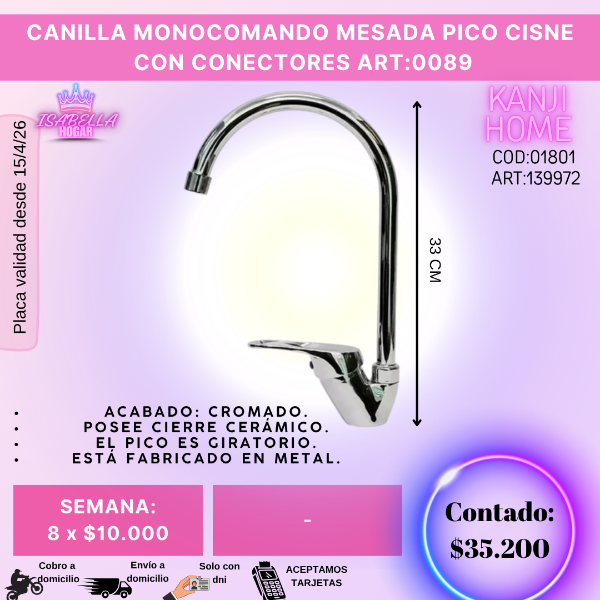 Producto - CANILLA MONOCOMANDO MESADA PICO CISNE CON CONECTORES