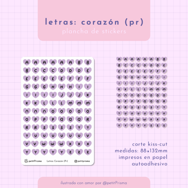 Producto - Plancha de stickers Letras: Corazones Lila