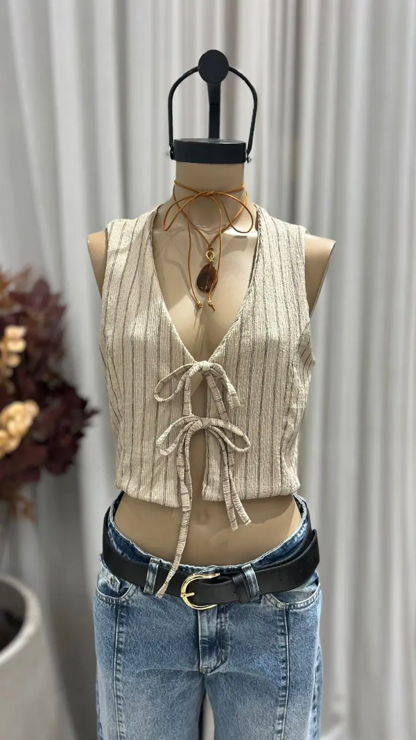 Producto - CHALECO BEIGE DOBLE TIRA BAMBULA RAYADA