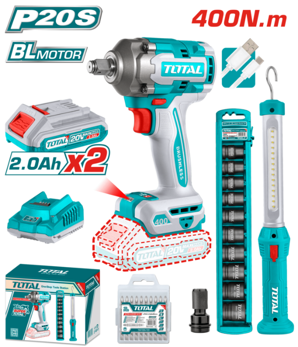Producto - Llave de Impacto Inalámbrica TOTAL TOSLI23048 - 20V Brushless - 400 Nm + Kit