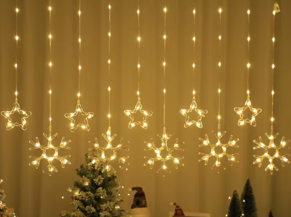Producto - Cortina De Luces Led Navideñas 8 Tiras Estrellas copos de nieve 3M