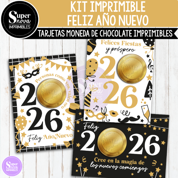 Producto - KIT IMPRIMIBLE AÑO NUEVO TARJETAS PARA MONEDITAS DE CHOCOLATE