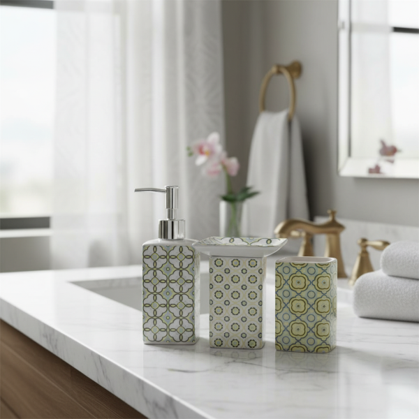 Producto - Set de Accesorios para Baño "Floreado" X4 Piezas de Cerámica