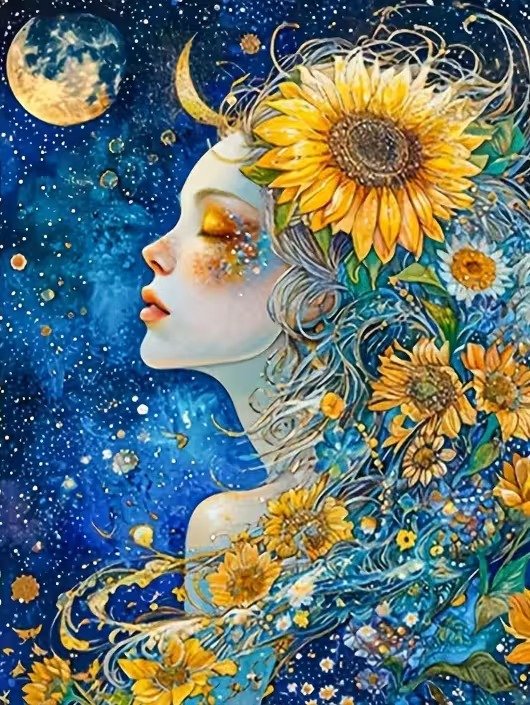 Producto - DIAMOND PAINTING 30X40 CHICA A LA LUNA CON CABELLO DE GIRASOLES