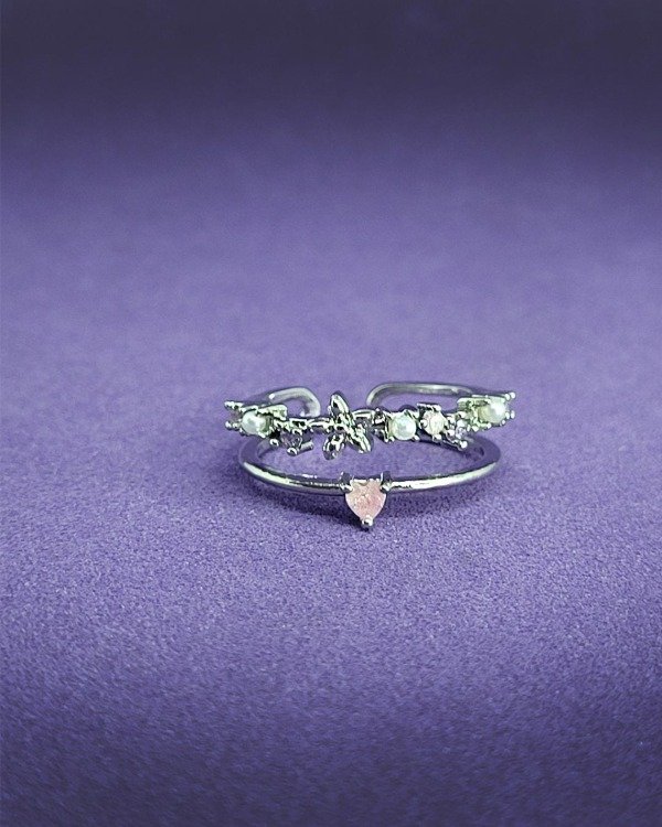 Producto - Anillo Acero Quirúrgico - Guirnalda Flores y línea corazón - Ajustable - A 1055 - 0