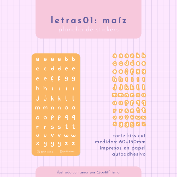 Producto - Plancha de stickers Letras: Minúsculas Maíz