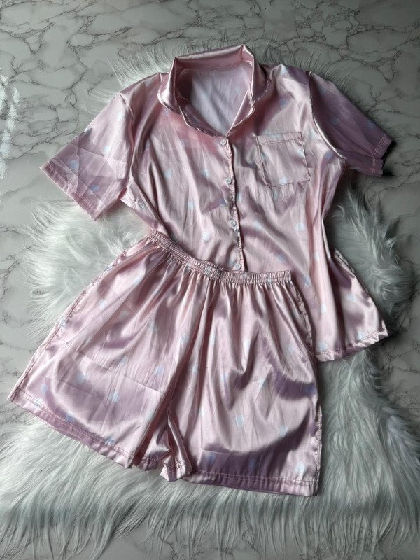 Producto - Pijama camisero animado de saten - Rosa Corazones Blanco