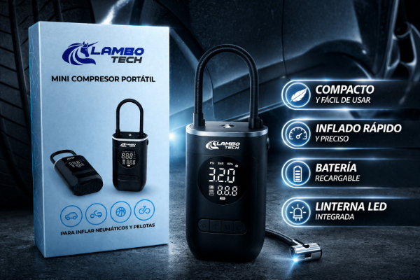 Producto - Inflador Eléctrico Portátil LAMBOTECH Recargable C-K1107 + LINTERNA + POWER BANK