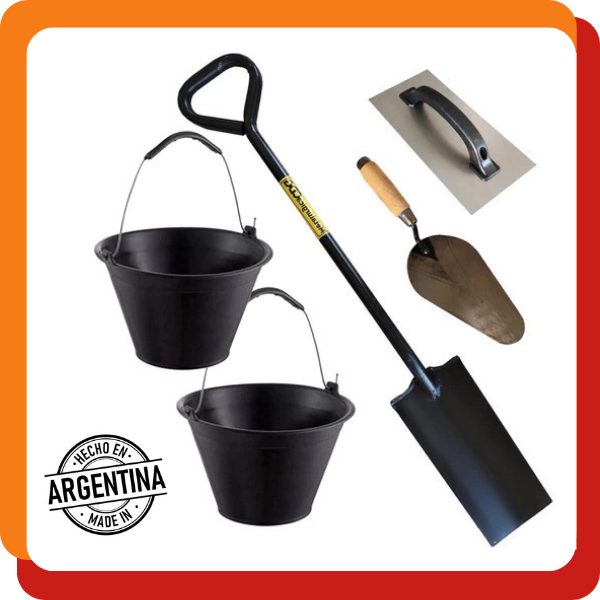 Producto - KIT ALBAÑIL 2 BALDES + 1 PALA PUNTA HIERRO + CUCHARA NRO 7 + LLANA LISA