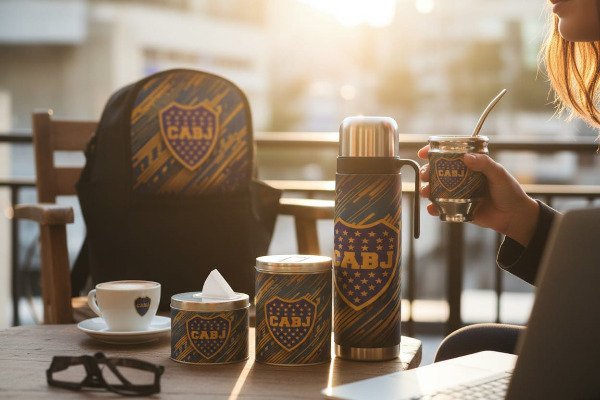 Producto - SET COMPLETO ECOCUERO TERMO ACERO, BOLSO BLANDO BOCA JUNIORS