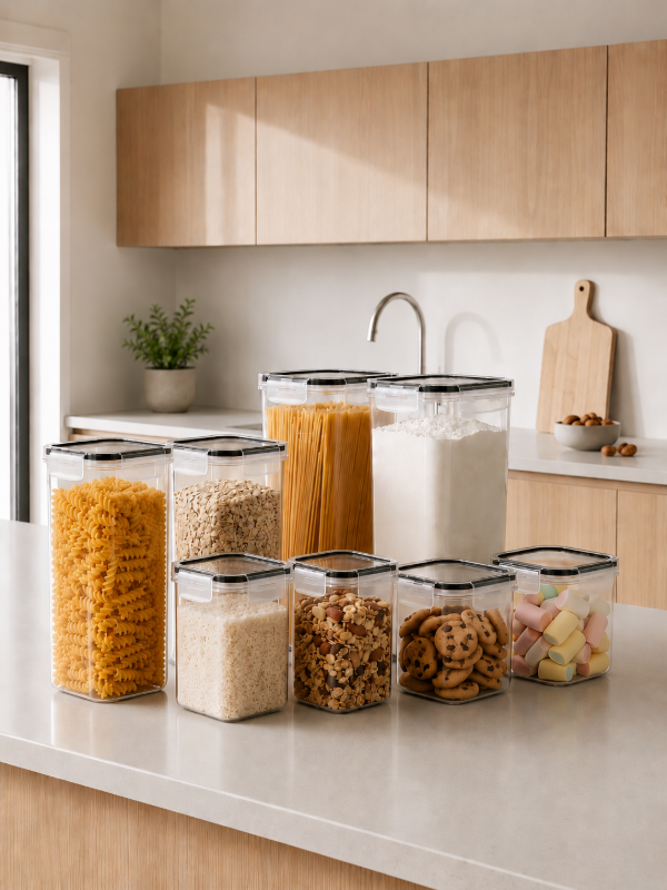 Producto - SET DE 8 POTES CONTENEDORES HERMETICOS DE PLASTICO, 4 TAMAÑOS