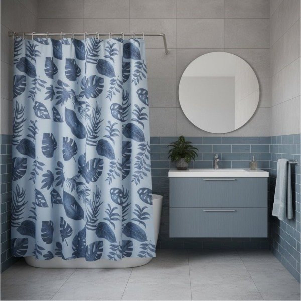 Producto - CORTINA PARA BAÑO DOBLE FONDO AZUL "HOJAS MONSTERAS AZUL" PREMIUM