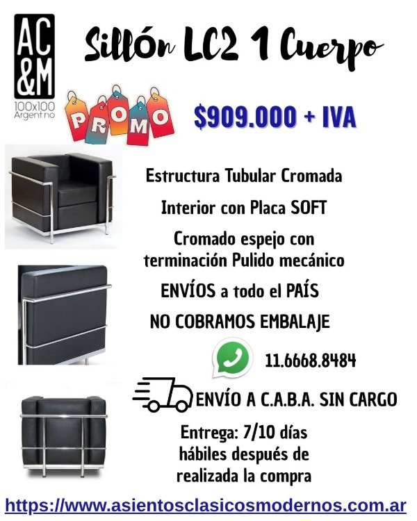 Producto - Sillón LC2 1 Cuerpo, Tapiz Talampaya, Estructura Tubular Cromada!!