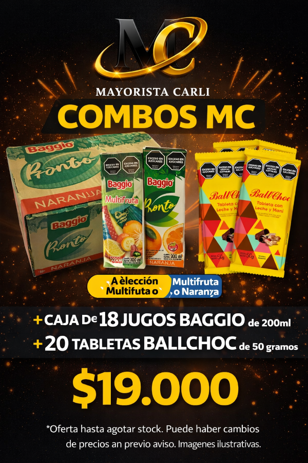Producto - Combos MC Caja de 18 Jugos Baggio 200 cc + 20 Tabletas Ballchoc 50 gr