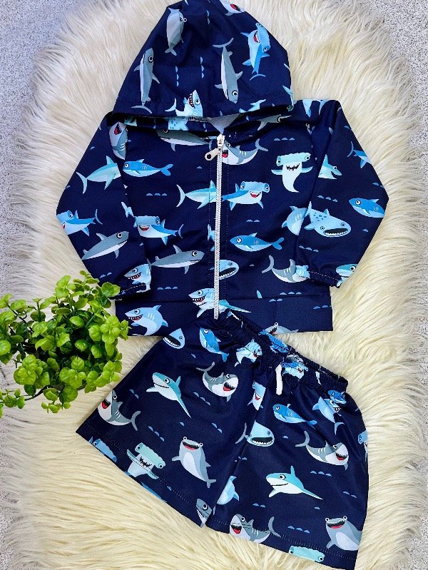 Producto - CONJUNTO ROMPEVIENTO TIBURÓN AZUL MARINO (CAMPERA + SHORT)