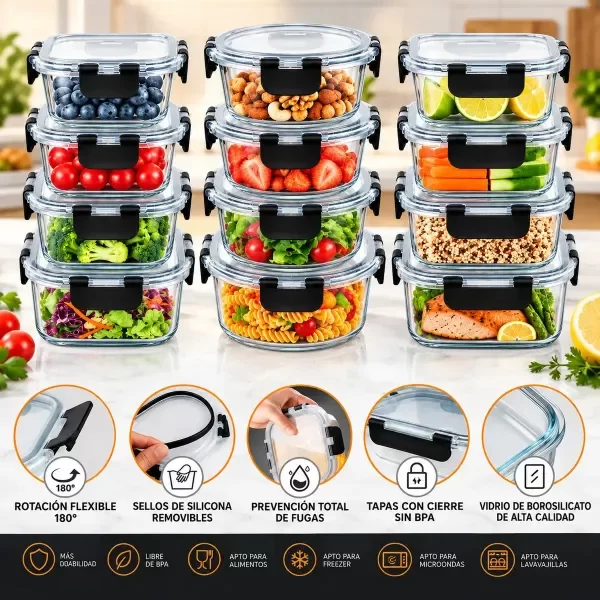 Producto - SET DE 12 RECIPIENTES DE VIDRIO HERMETICOS APTO MICROONDAS FREEZER - 2