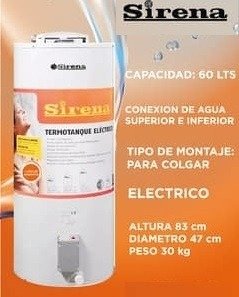 Producto - TERMOTANQUE SIRENA 60 LTS ELÉCTRICO DE COLGAR SUPERIOR/INFERIOR