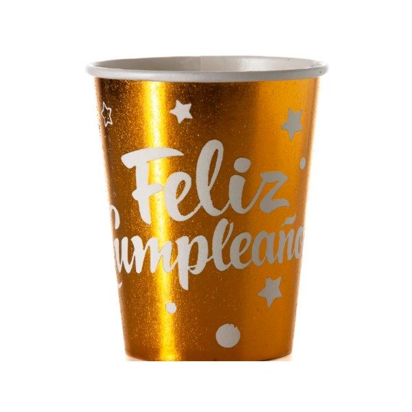 Producto - Vaso metalizado impreso FELIZ CUMPLE x10un color dorado letra blanca