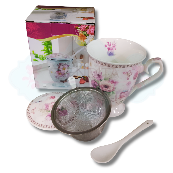 Producto - TAZA DE PORCELANA LILA CON FILTRO Y CUCHARA CON FLORES 300 ML - 2