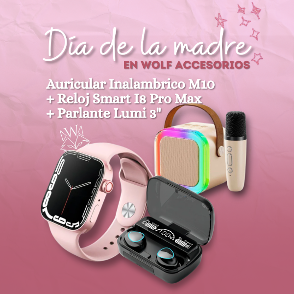 Producto - RELOJ I8 PRO MAX + AURICULARES M10 + PARLANTE C/MIC. LUMI 3''