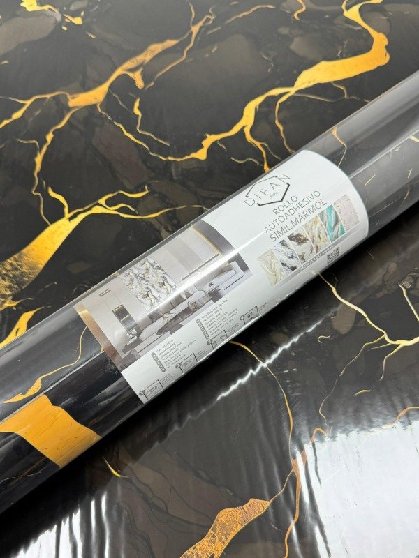 Producto - Rollo Autoadhesivo Simil Marmol Brillante 1,2 x 3 M Negro Veteado Dorado
