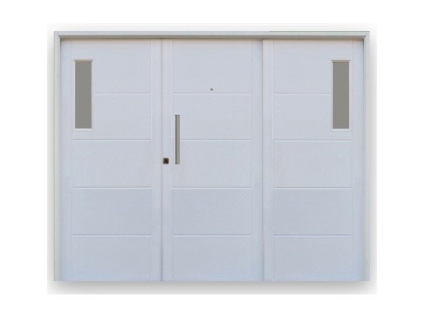 Producto - Portón de tres hojas doble chapa inyectado con postigo lateral corto blanco