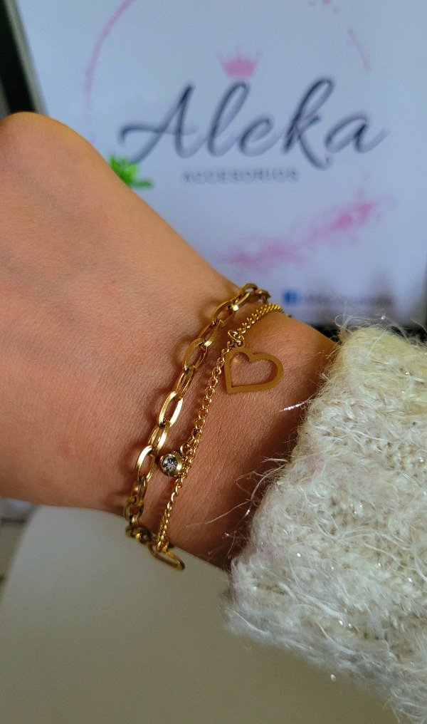 Producto - Pulsera con dijes corazón y strass de acero dorado